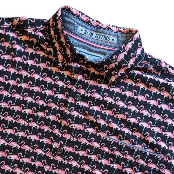 Good Vibes men's flamingo shirt black and pink button down slim fit size S - Picture 2 of 8